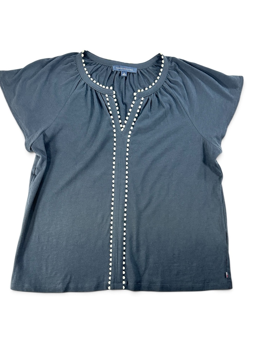 Tommy Hilfiger Women’s L Navy Short Sleeve Top with White Stud Trim